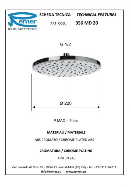 356MD20 Tête de douche diam 200 ABS